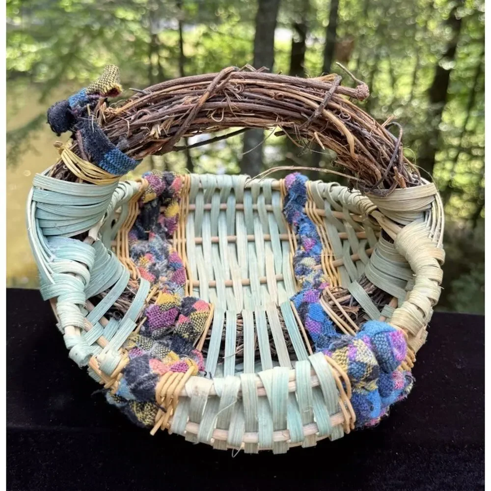 Vintage Woven African Egg Basket Super Colorful With Rag Bead Accents